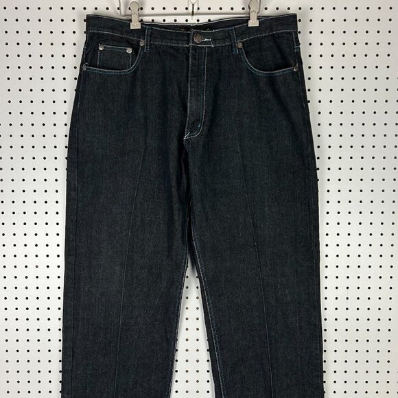 Black Lacquer Y2K Embroidered Jeans 38x31 Skater Punk Streetwear Black Goth 90s - Picture 5 of 7